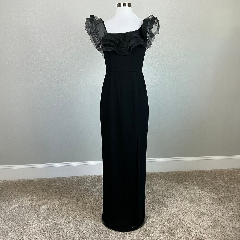 Aidan Mattox Black Evening Gown Ruffled Off the Shoulder Column Dress Size 4 - Picture 2 of 11